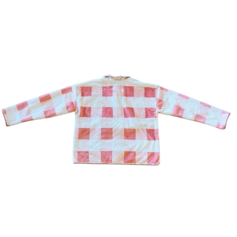 New blue b White Pink Mauve Checker Teddy Fleece Snap Up Comfy Outdoor Jacket S - Picture 3 of 3